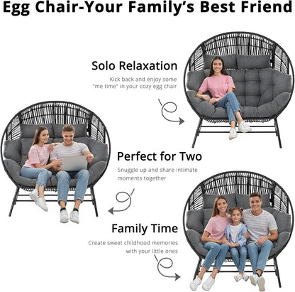 IRONCK 2 Person Egg Chair Outdoor Indoor, Oversized Double Wicker Lounge Chair, Thickened Padded Cushions and Headrests, 680Lbs Egg Loveseat for Patio, Balcony, Living Room, Porch, Gray