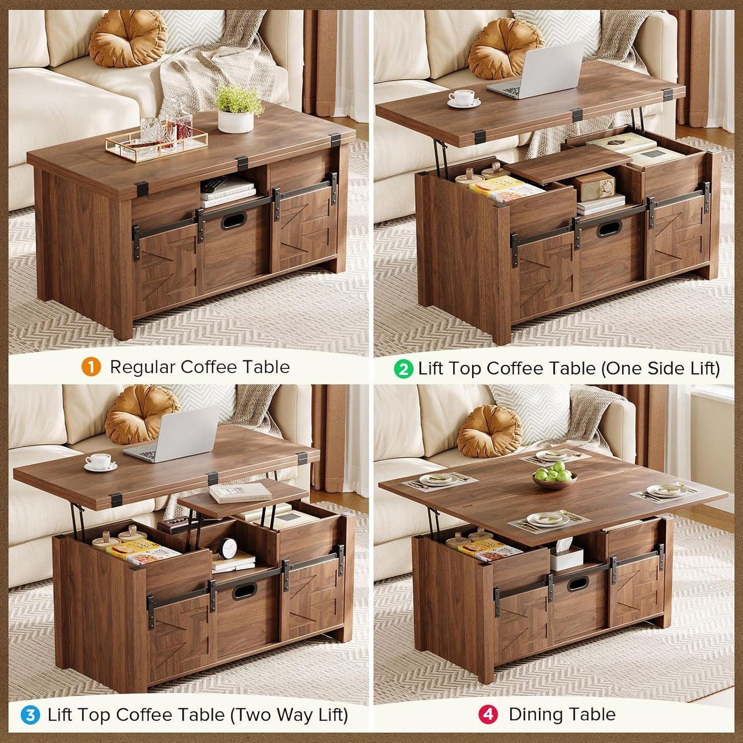 40" Farmhouse Lift Top Coffee Table with Sliding Barn Door,4 in 1 Multi-Function Coffee Tables with Storage Drawers & Hidden Compartment,Converts to Dining Table for Living Room,Walnut