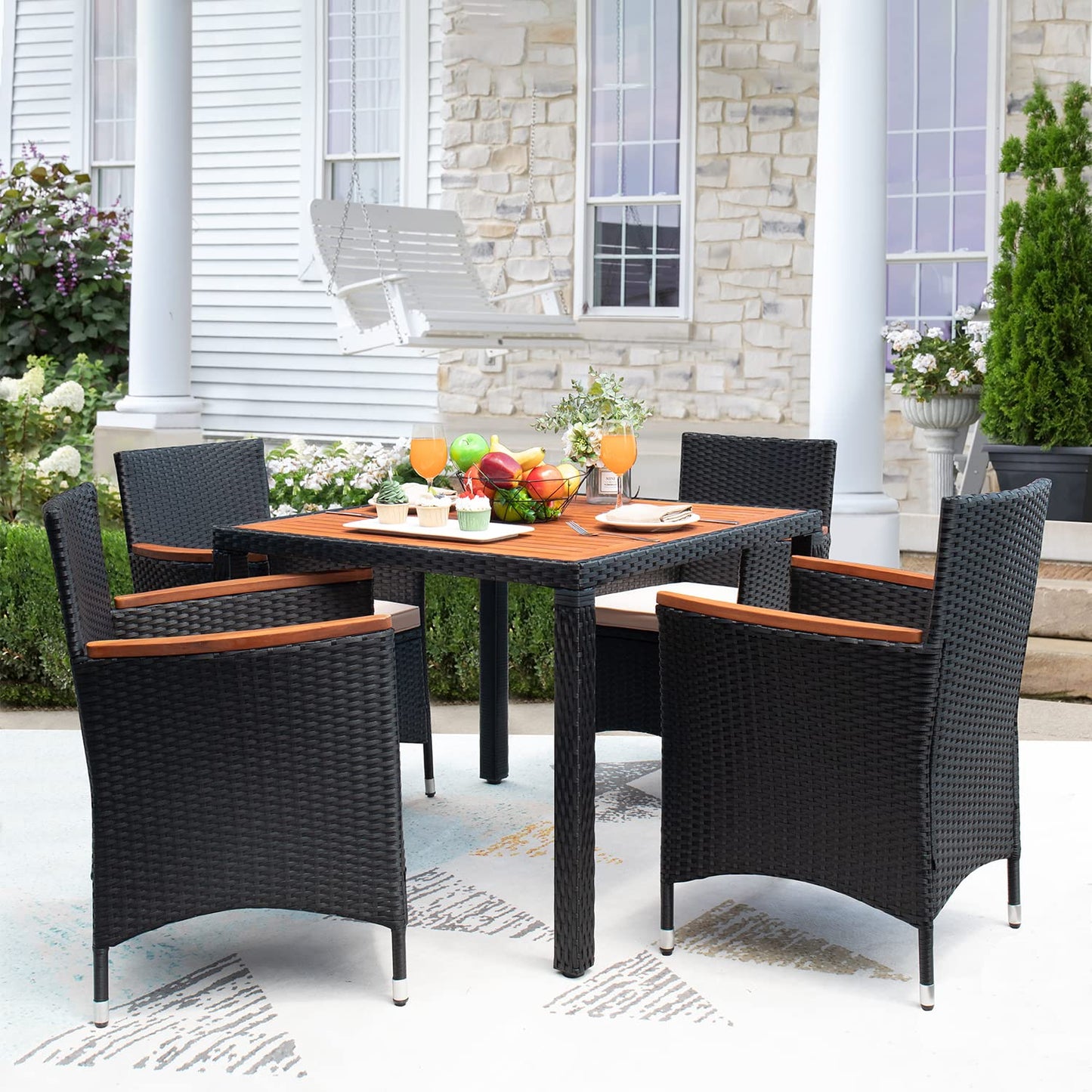 Devoko Dining 7 PCS Furniture, Patio Conversation Set with Acacia Wood Table Top, Outdoor, Beige Cushion and Black Rattan