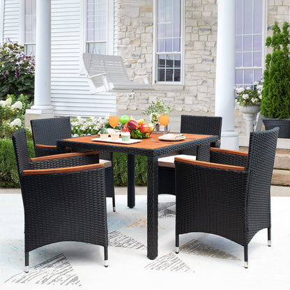 Devoko Dining 7 PCS Furniture, Patio Conversation Set with Acacia Wood Table Top, Outdoor, Beige Cushion and Black Rattan