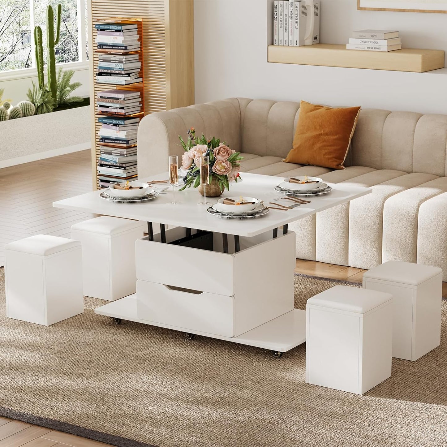homary White Lift Top Coffee Table with Hidden Storage, 3 in 1 Multi-Function Modern Folding Center Table with 4 Stools and Casters