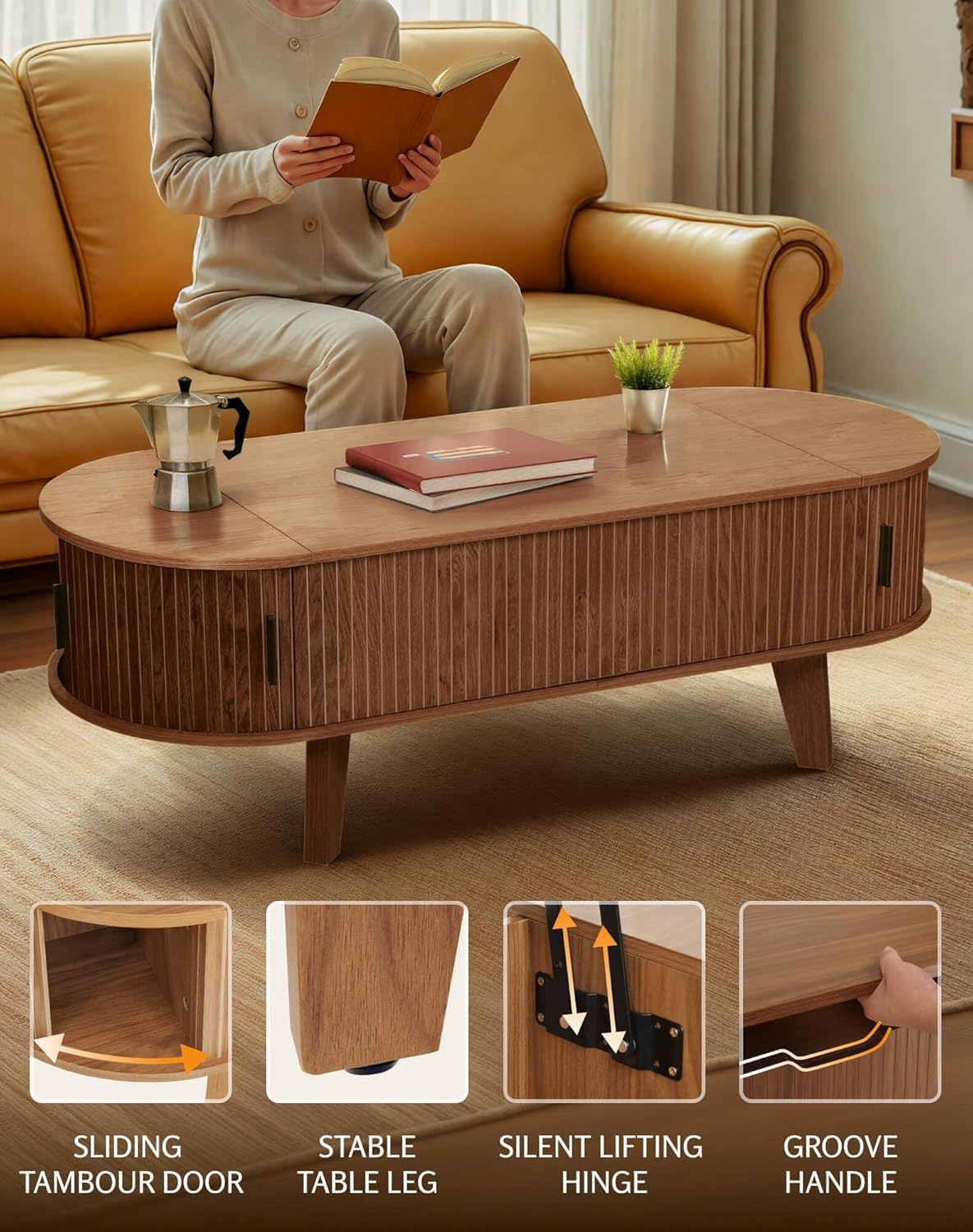 Oval Lift Top Coffee Table with Storage, 47.2" Mid Century Modern Living Room Center Table with 180° Sliding Tambour Door, Wood Fluted Coffee Table for Home Office, Walnut