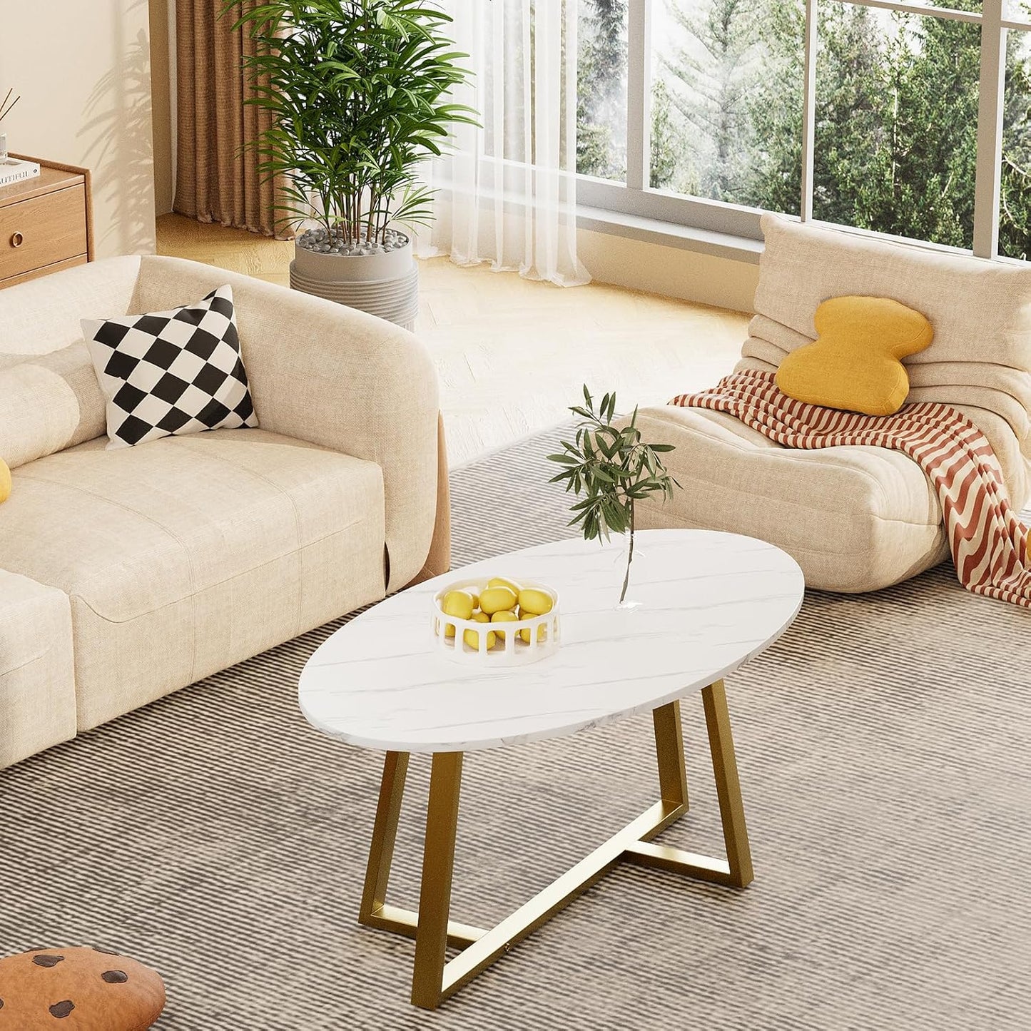 Coffee Table White Faux Marble Coffee Table for Living Room,Oval Center Tables Modern Tea Table for Small Space,Wooden Living Room Tables End Table with Sturdy Gold Metal Leg