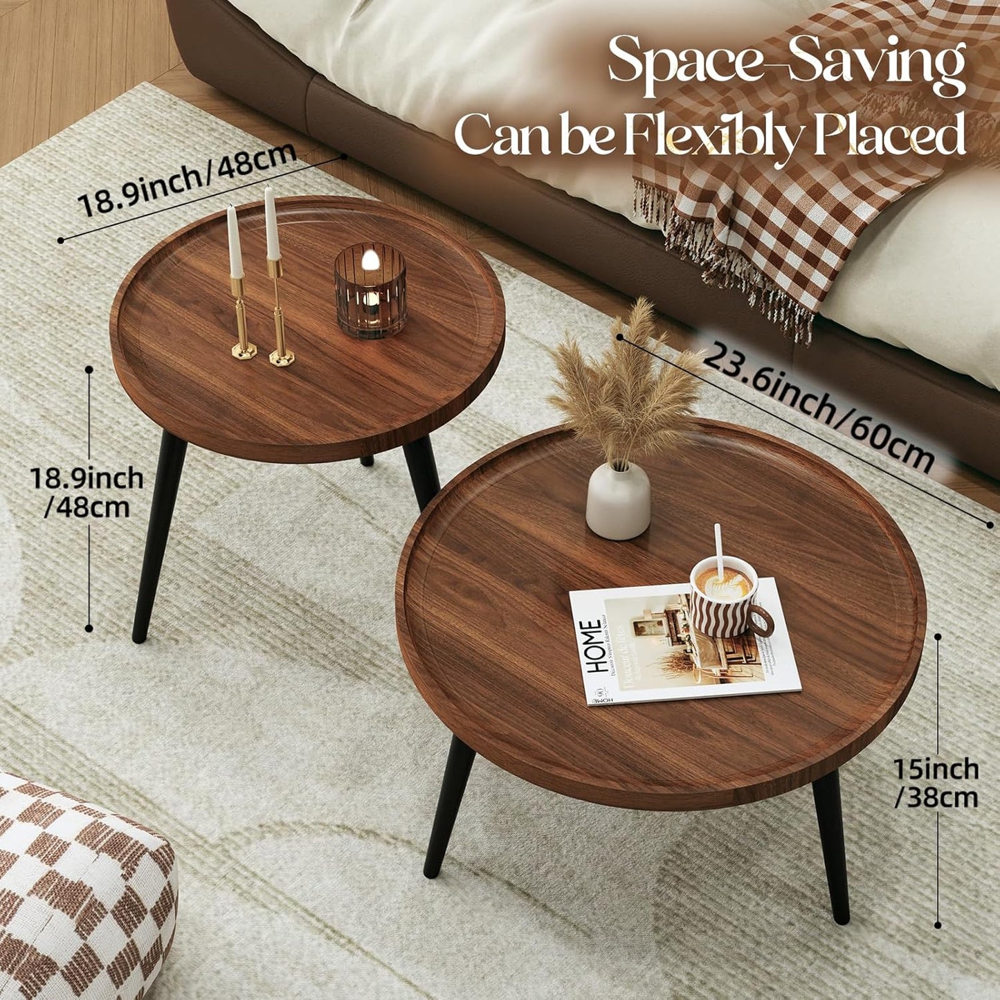 2 Pcs Mid Century Modern Coffee Table Round for Living Room,Easy Assembly Nesting Coffee Tables,Minimalist Circle Walnut Coffee Table for Bedroom Office Balcony Yard