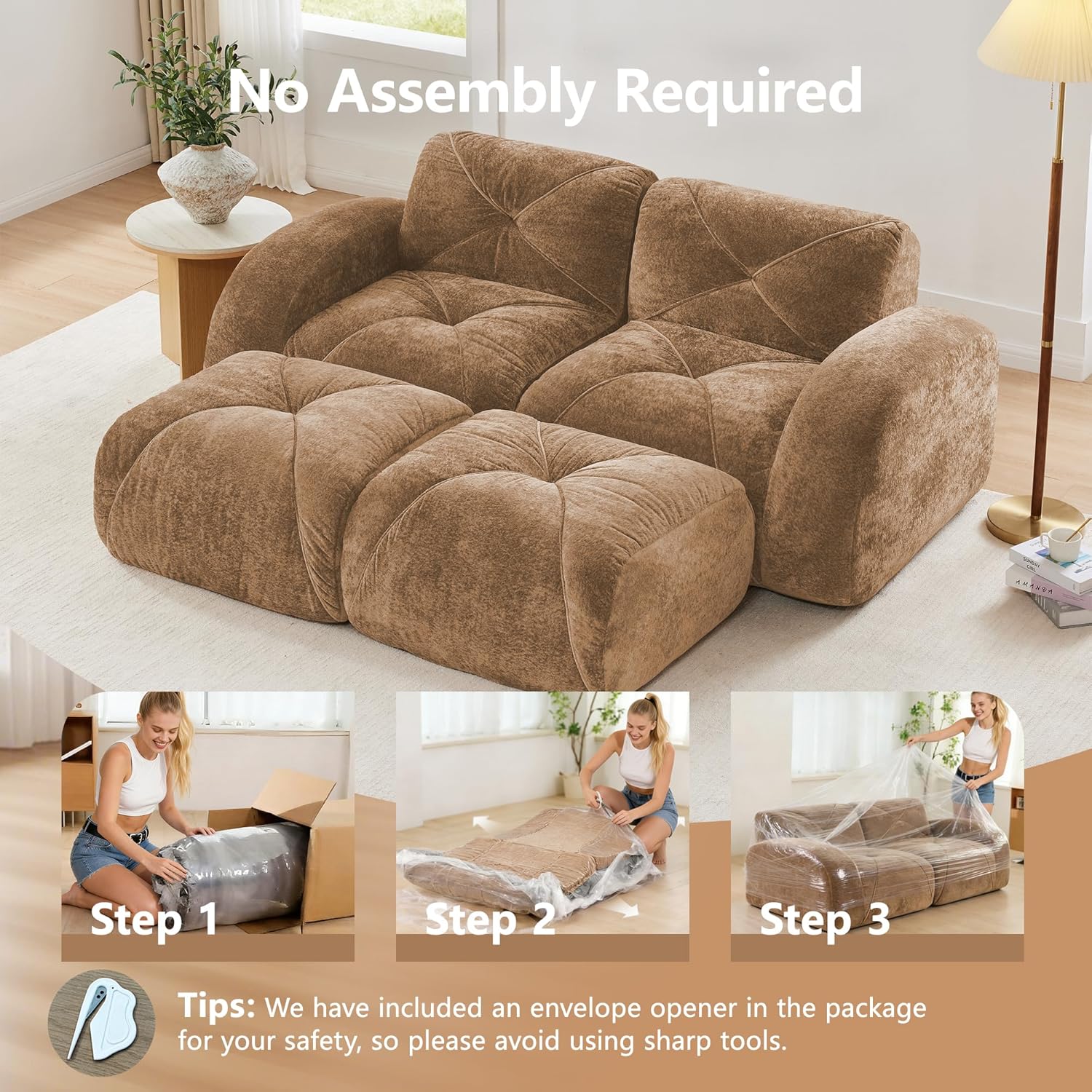 Modular Sectional Sofa, 2026 New Soft Velvet Fabric Boneless Couch with 2 Chaises, 32D High Density Sponge, Bottom Anti-Slip Design Cloud Couch, No Assembly Required Couches for Living Room, Camel