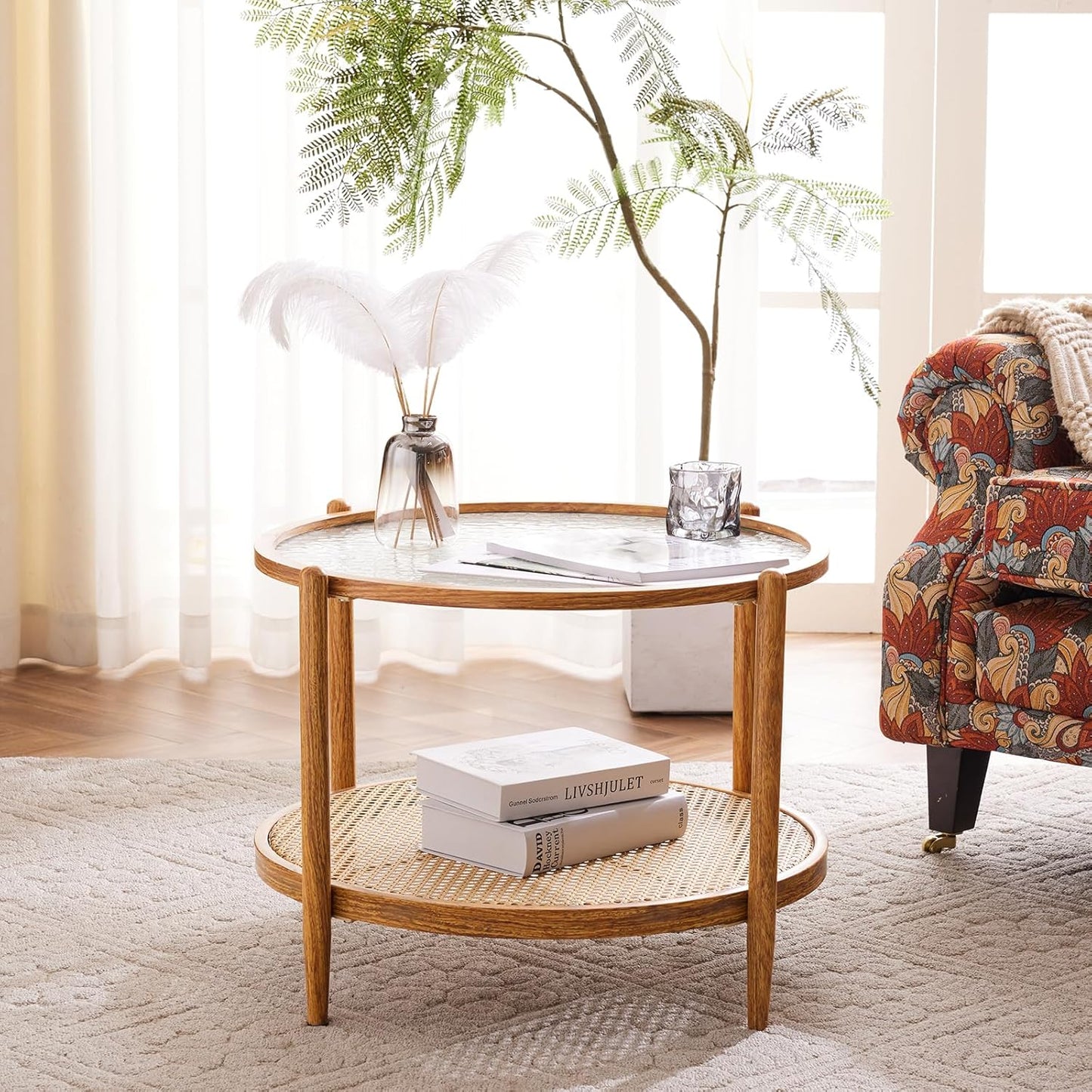 VINGLI 25.6" Rattan Coffee Table, Round Water-Wave Glass Metal Center Table, Modern Coffee Table with 2-Tier Storage, Farmhouse Circular Table for Living Room and Small Space, Natural Vibe