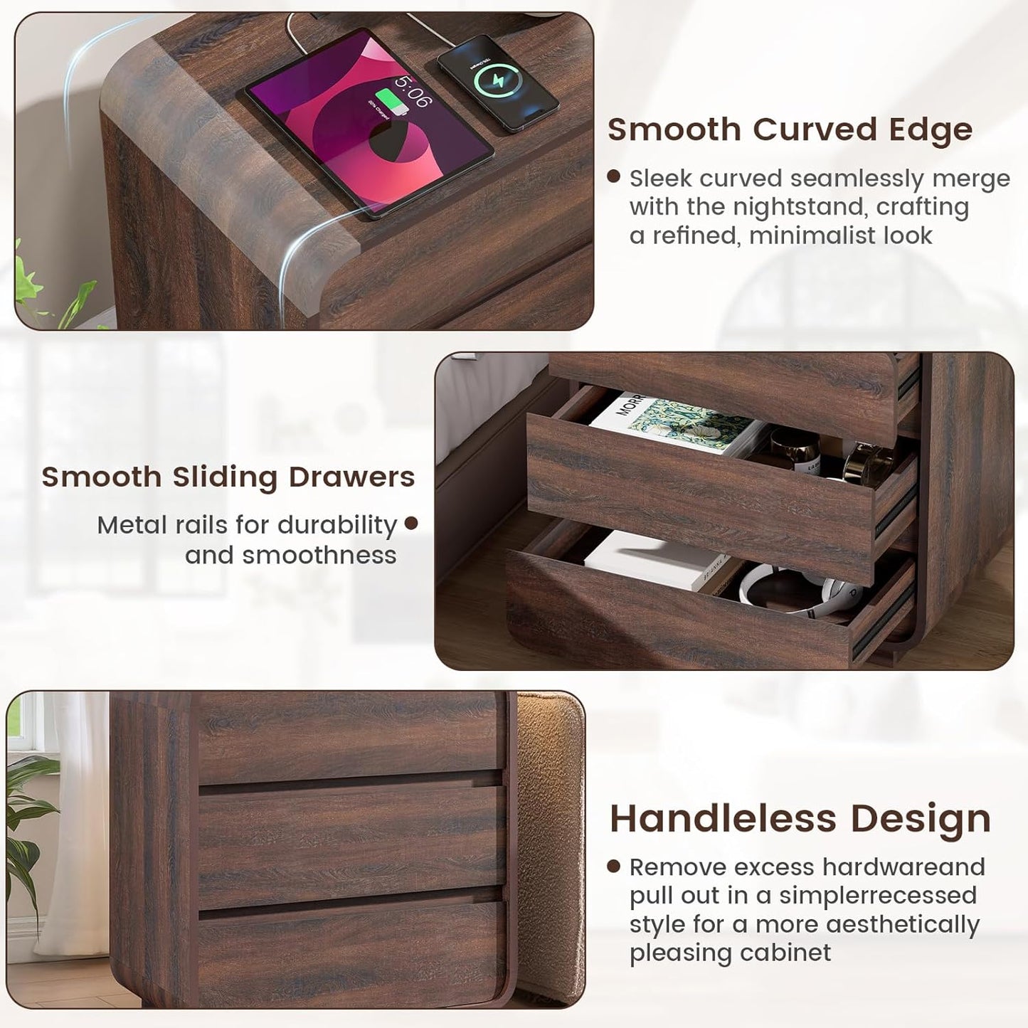 Walnut Curved Nightstand Set of 2, 23.2" Wide Wood Bedside Table with Charging Station, 3 Storage Drawers Night Stand, Large End Table for Bedroom, Living Room, Sofa