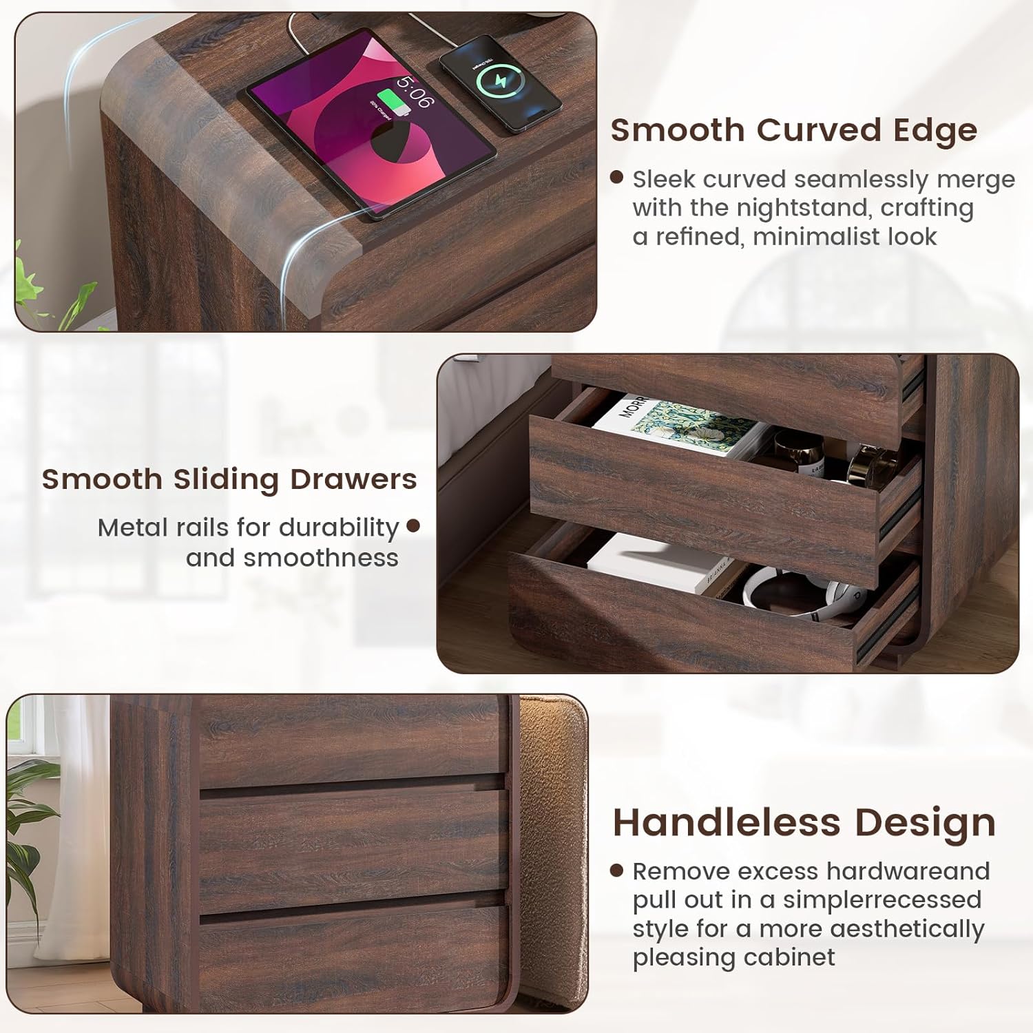 Walnut Curved Nightstand Set of 2, 23.2" Wide Wood Bedside Table with Charging Station, 3 Storage Drawers Night Stand, Large End Table for Bedroom, Living Room, Sofa
