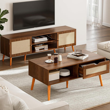Coffee Table with Storage, Boho Dining Table with Rattan Drawer and Solid Wood Legs, Small Coffee Tables for Living Room, Walnut