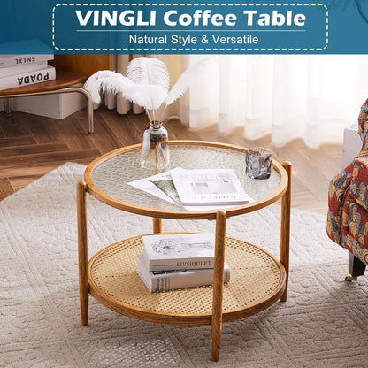 VINGLI 25.6" Rattan Coffee Table, Round Water-Wave Glass Metal Center Table, Modern Coffee Table with 2-Tier Storage, Farmhouse Circular Table for Living Room and Small Space, Natural Vibe