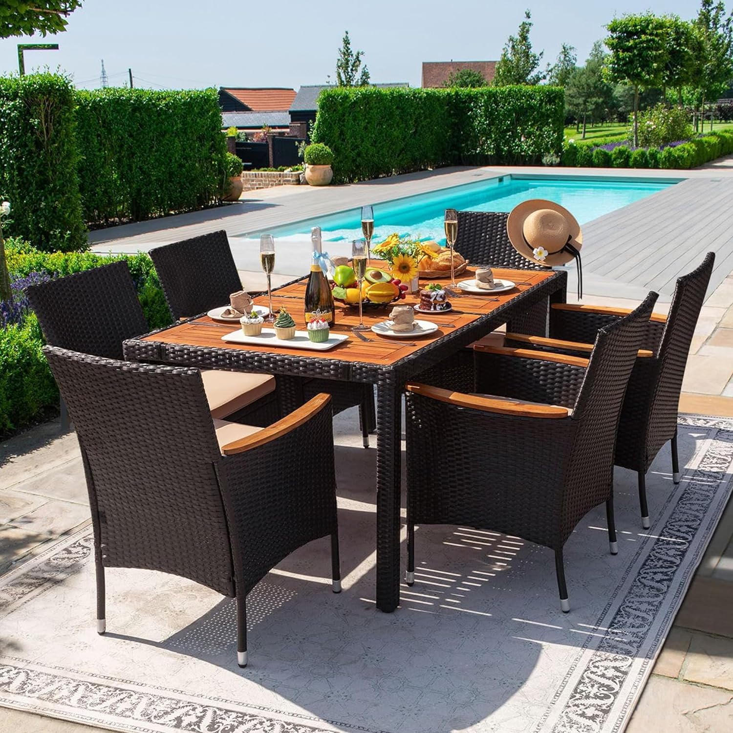 Devoko Dining 7 PCS Furniture, Patio Conversation Set with Acacia Wood Table Top, Outdoor, Beige Cushion and Black Rattan