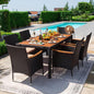 Devoko Dining 7 PCS Furniture, Patio Conversation Set with Acacia Wood Table Top, Outdoor, Beige Cushion and Black Rattan