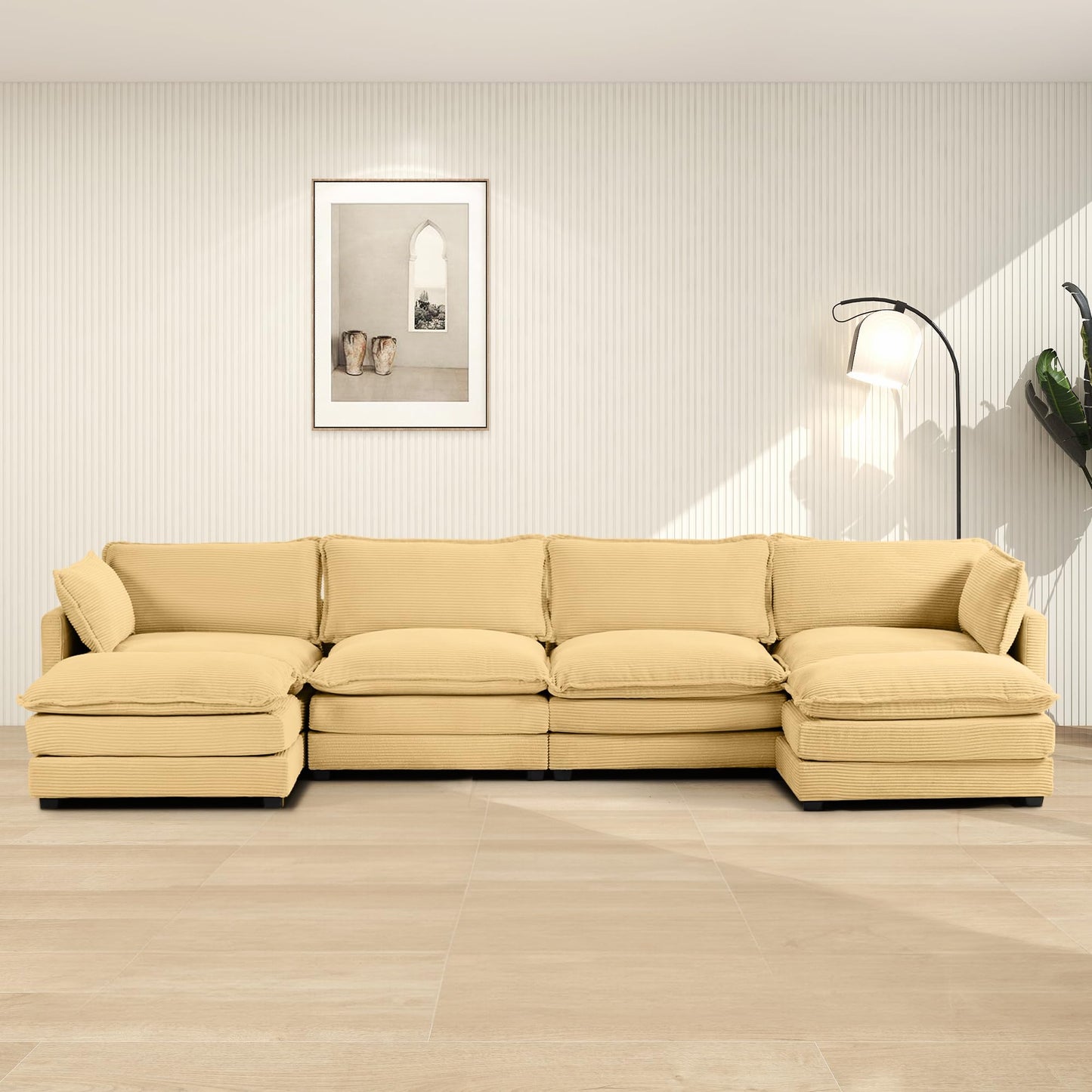 ROWHY Oversized Modular Sectional Sofa with Movable Ottoman, 112 Inch 4 Seat Modern Corduroy Sofa Set, Convertible L Shaped Couch for Living Room and Office, Beige