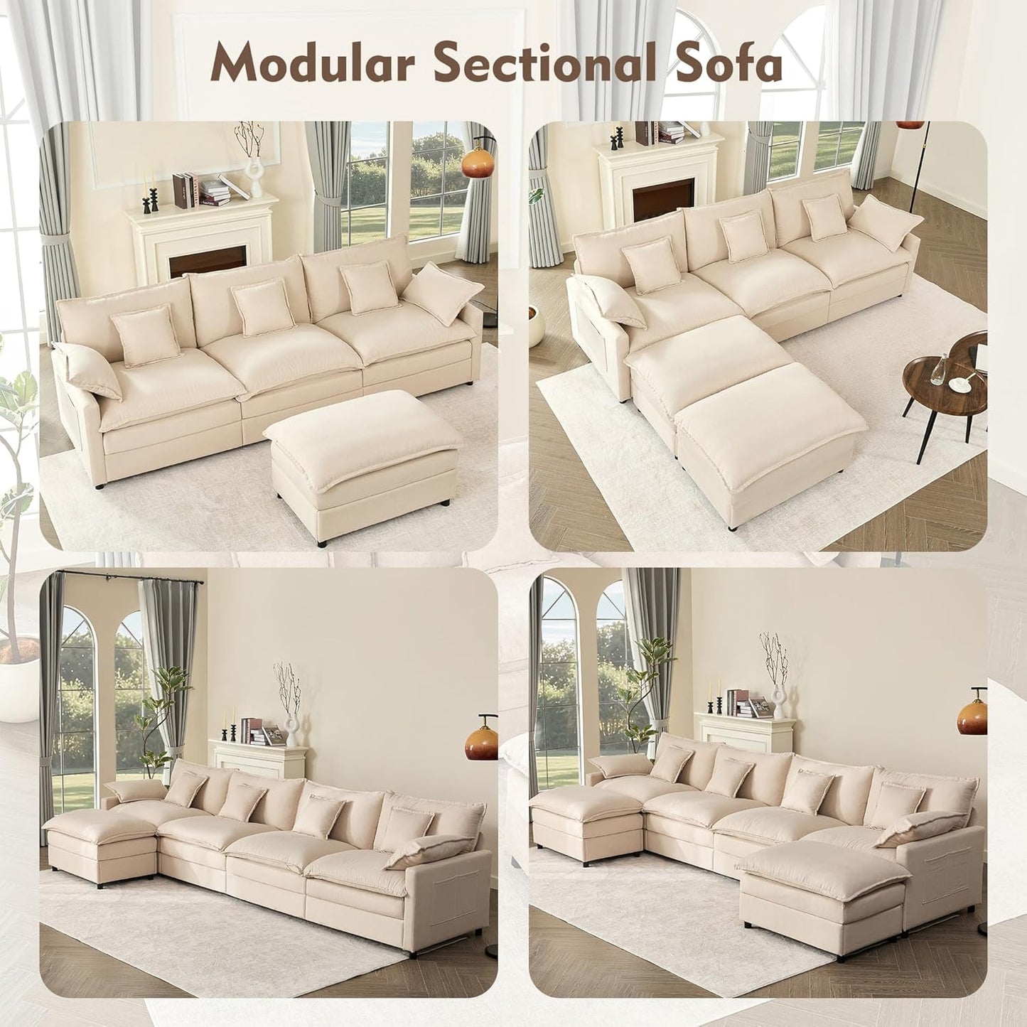 108" U Shaped Couch, Modular Sectional Sofa, 3-Seater Comfy Cloud Couch with Movable Ottoman, Deep Seat Couches for Living Room, Linen, Beige