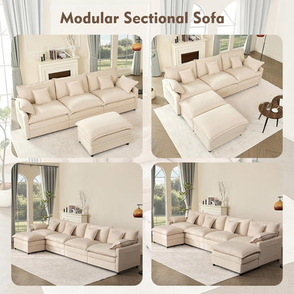 108" U Shaped Couch, Modular Sectional Sofa, 3-Seater Comfy Cloud Couch with Movable Ottoman, Deep Seat Couches for Living Room, Linen, Beige