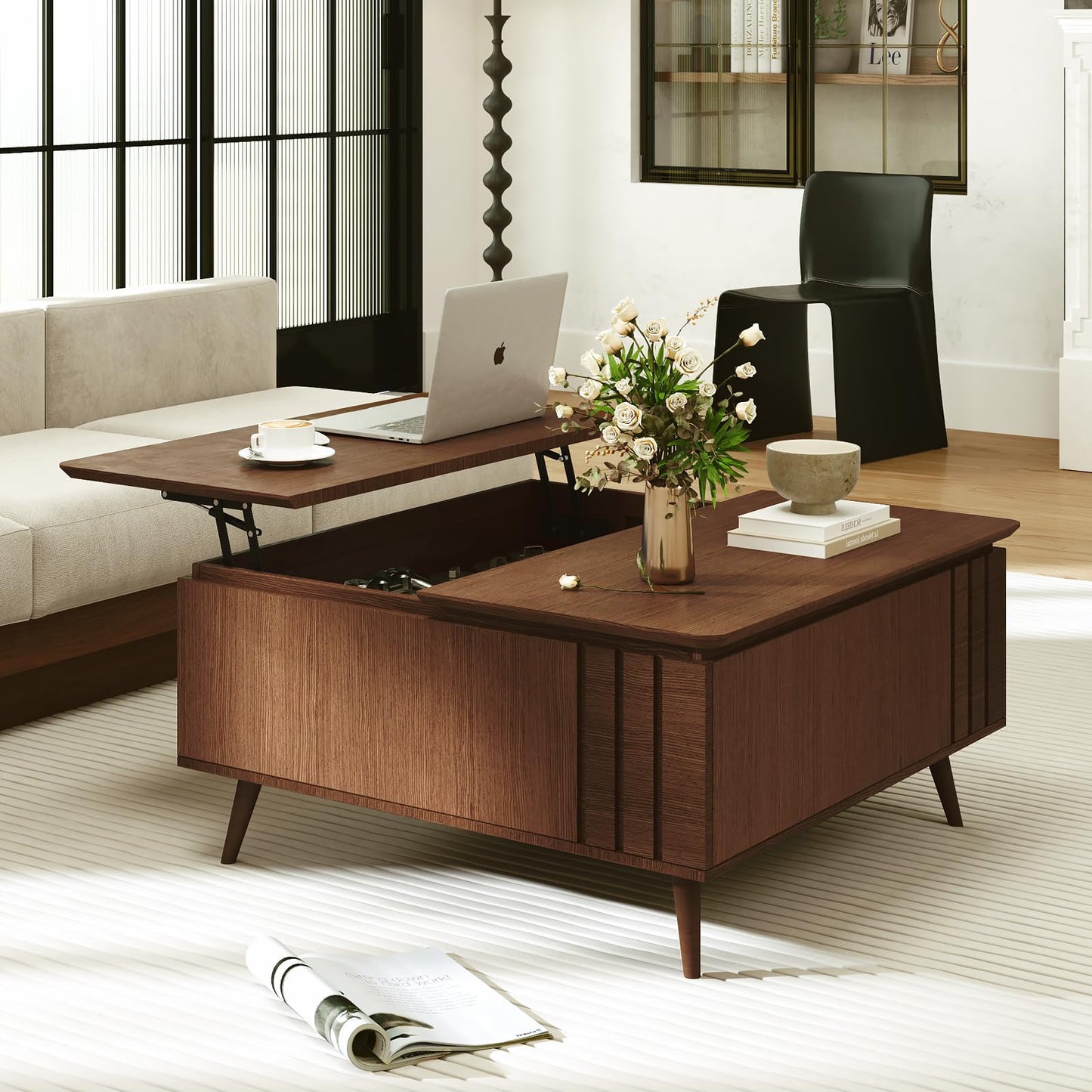 Round Coffee Table with Storage,Mid Century Modern Circle Coffee Table for Living Room,31.5" Small Fluted Center Table with Sliding Door,Home Small Space, Walnut