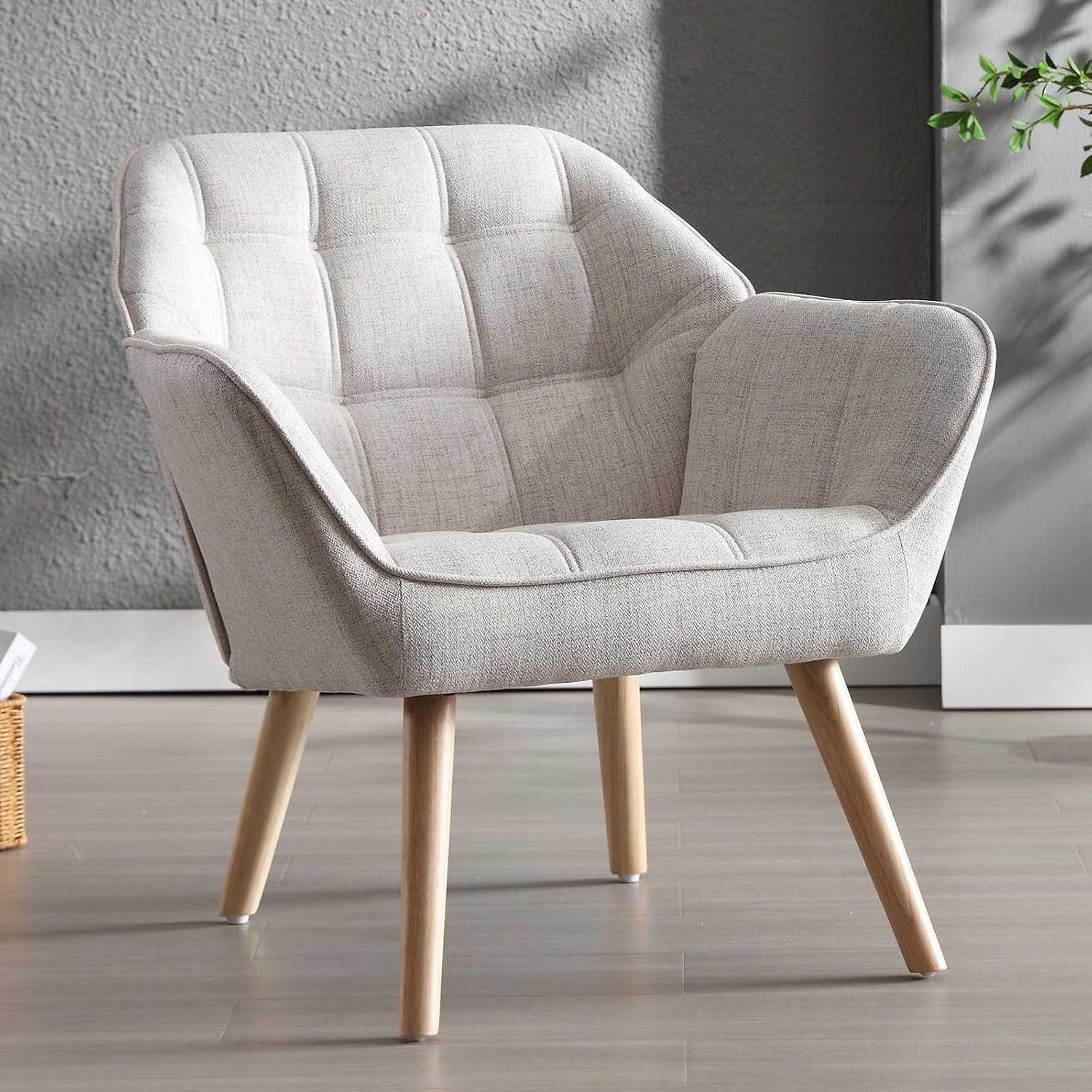 Accent Chair Armchair, Padded Armrest Chair, Reading Chair with Wooden Legs Made of Linen, Reading Chair, Single Sofa, TV Chair for Living Room, Bedroom, Lounges, Beige