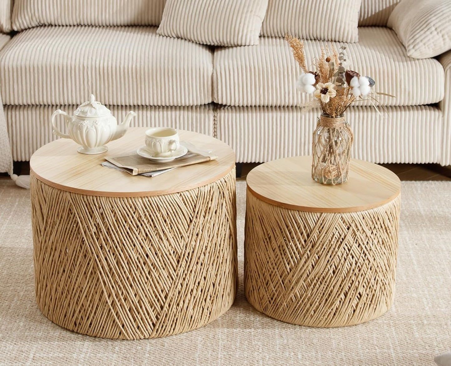 chairus Nesting Coffee Table Set of 2 Woven Round Coffee Table with Storage Solid Wood Side Table for Small Spaces, Living Room, Bedroom, Office, Natural