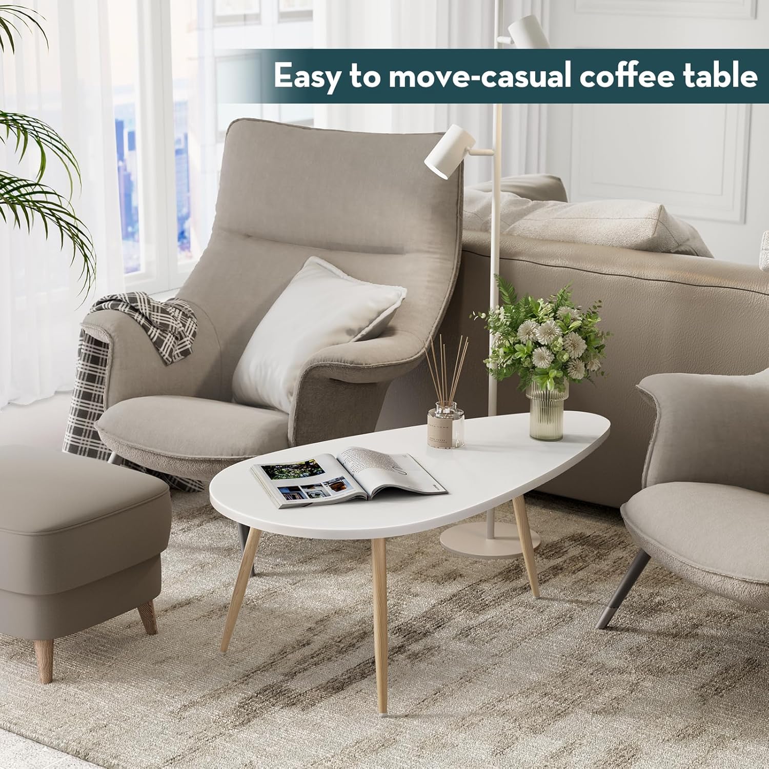 SAYGOER Modern Coffee Table White Oval Coffee Tables for Living Room Simple Center Table for Small Space Home Office Easy Assembly 22.2" D x 42.5" W x 17.1" H, White