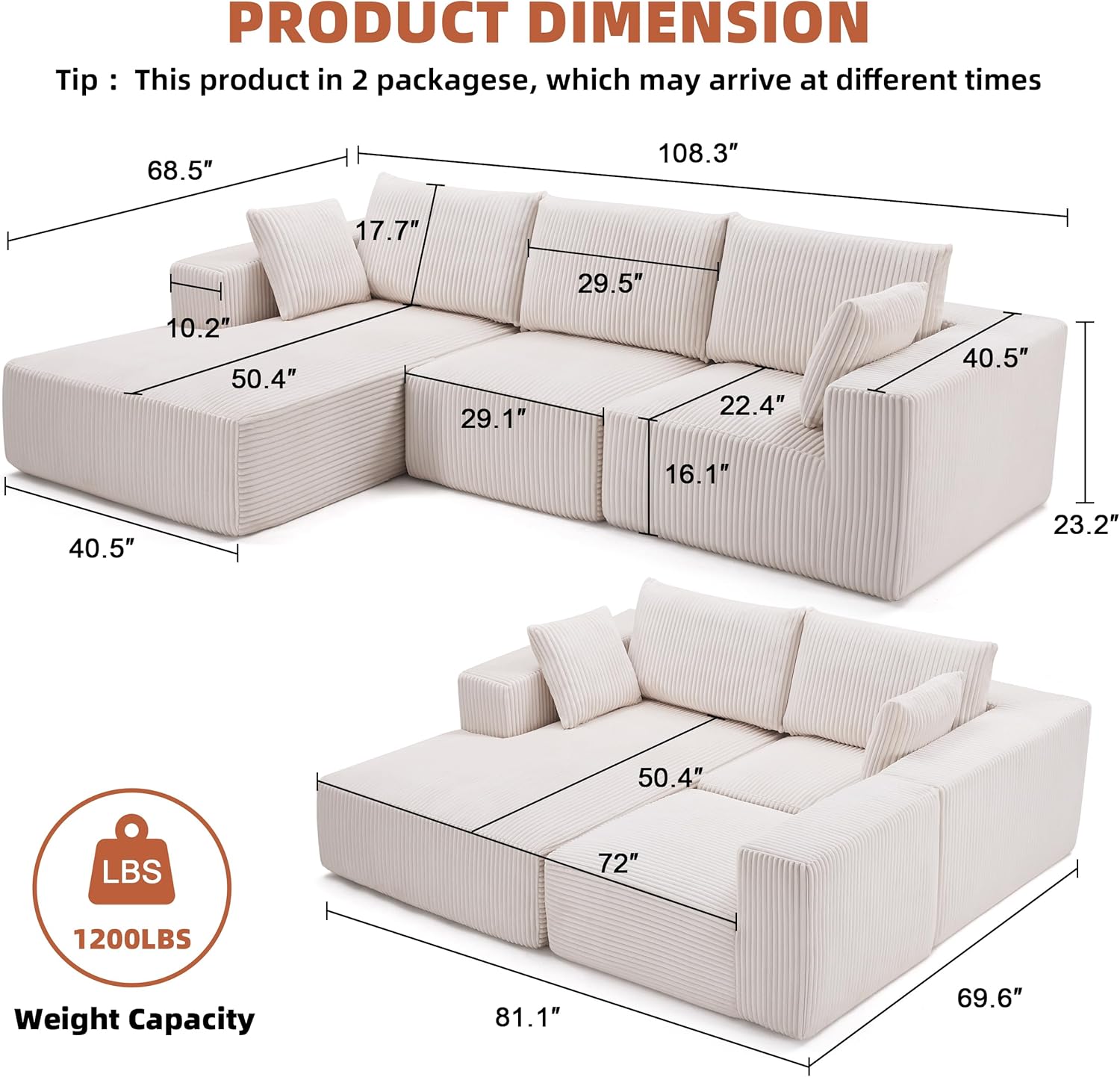 108” Modular Sectional Sofa, Cloud Sectional Couch with Deep Seat, Modern Modular L-Shape Sofa Couch with Chaise,Upholstered Boneless Couches for Living Room Bedroom (Beige, Left Facing Chaise)