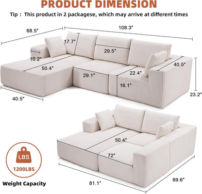 108” Modular Sectional Sofa, Cloud Sectional Couch with Deep Seat, Modern Modular L-Shape Sofa Couch with Chaise,Upholstered Boneless Couches for Living Room Bedroom (Beige, Left Facing Chaise)