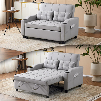 VINGLI Beige Loveseat Sleeper Sofa, Convertible Futon Sofa Bed Faux Leather Pullout Couch Bed with USB Ports, Cup Holders, Armrest for Living Room, Bedroom, Home Office Apartment