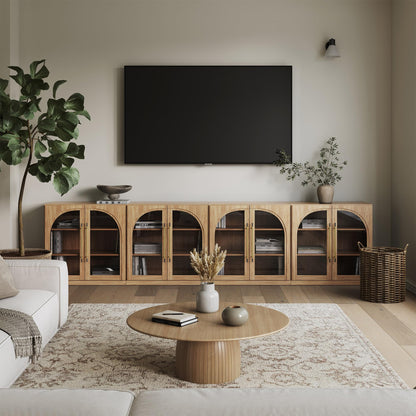 BELLEZE 65 Inch Fluted Buffet Cabinet with Storage, Symmetrical Arc Accent Sideboard Large Console Table for Dining Room, Kitchen, and Living Room (Camel)