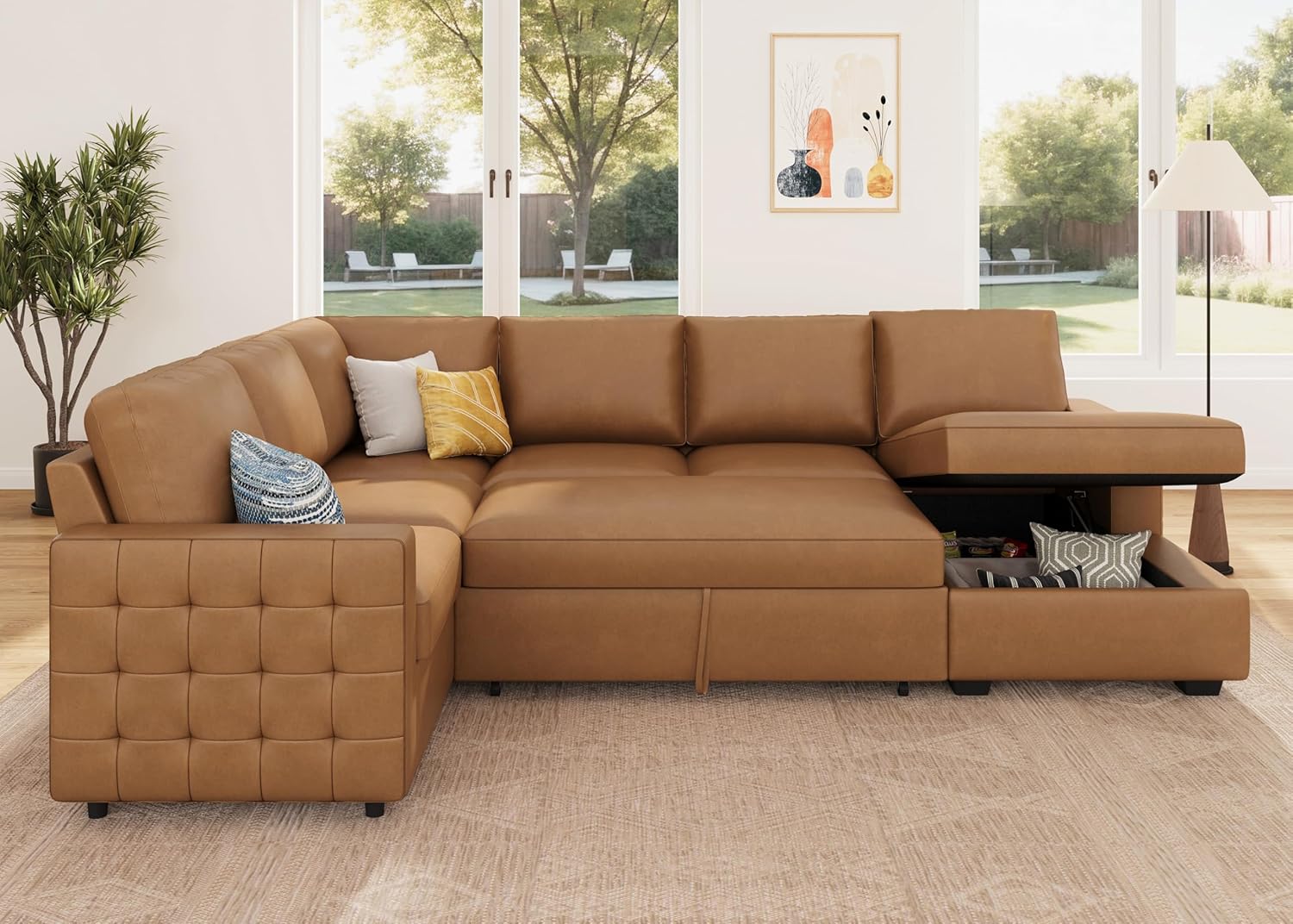 HONBAY Sleeper Sectional Couch with Pull-Out Bed Sectional Sleeper Sofa Pull Out Bed with Storage Chaise, 6 Seaters Couch for Living Room, Faux Leather Brown