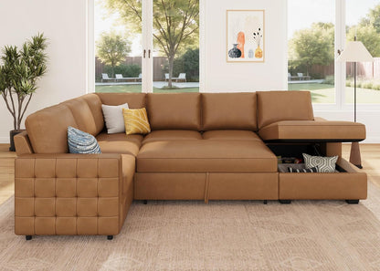 HONBAY Sleeper Sectional Couch with Pull-Out Bed Sectional Sleeper Sofa Pull Out Bed with Storage Chaise, 6 Seaters Couch for Living Room, Faux Leather Brown