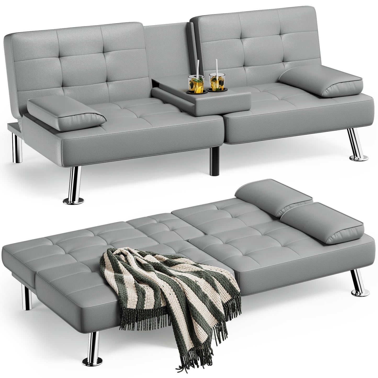 Homall Futon Sofa Bed, Leather Futon Couch with Removable Armrests, Adjustable Recliner Sleeper Sofa Bed with Dual Cup Holders for Living Room, Apartment, Office (Black)