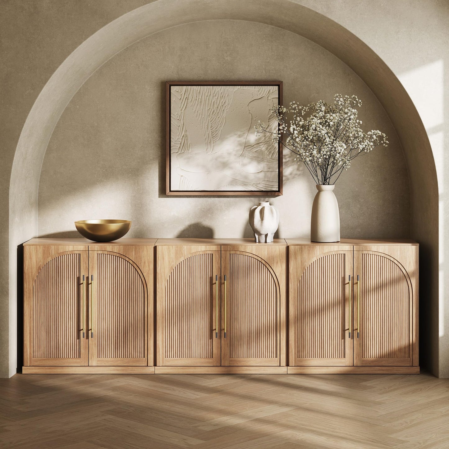 BELLEZE 65 Inch Fluted Buffet Cabinet with Storage, Symmetrical Arc Accent Sideboard Large Console Table for Dining Room, Kitchen, and Living Room (Camel)