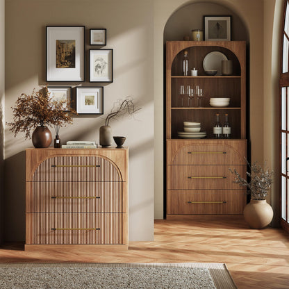 BELLEZE 65 Inch Fluted Buffet Cabinet with Storage, Symmetrical Arc Accent Sideboard Large Console Table for Dining Room, Kitchen, and Living Room (Camel)