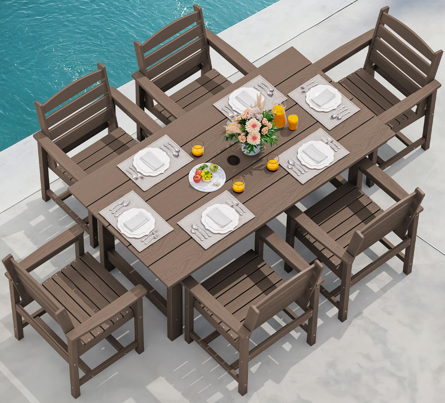 SERWALL Outdoor HDPE Dining Table Set, 7-Piece Outdoor Dining Table Sets with Umbrella Hole Cut-Out Table and 6 Chairs, Gray