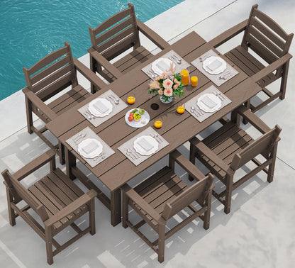 SERWALL Outdoor HDPE Dining Table Set, 7-Piece Outdoor Dining Table Sets with Umbrella Hole Cut-Out Table and 6 Chairs, Gray
