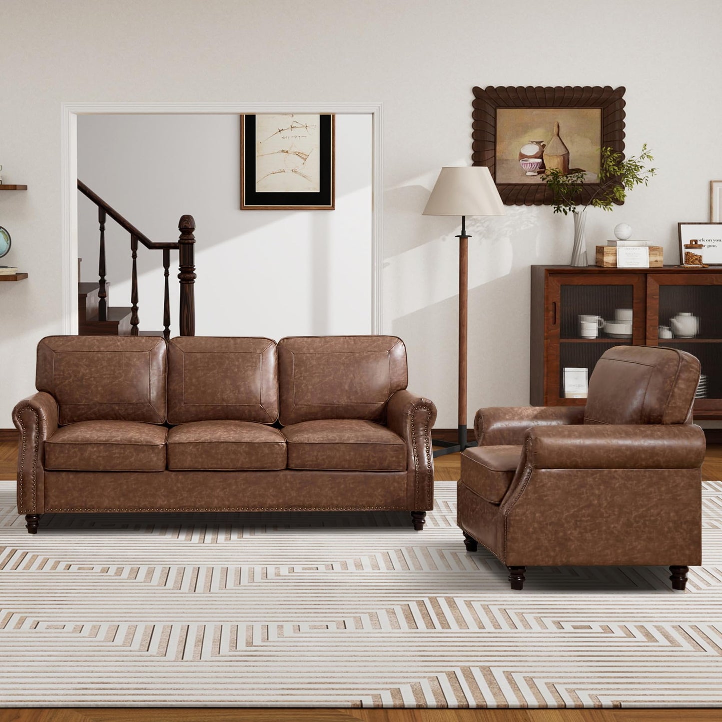 WILLOVE 79'' Faux Leather Sofas for Living Room, Mid Century Modern Couches with Rolled Arm & Nailhead Trim for Small Space, Apartment, Dark Brown
