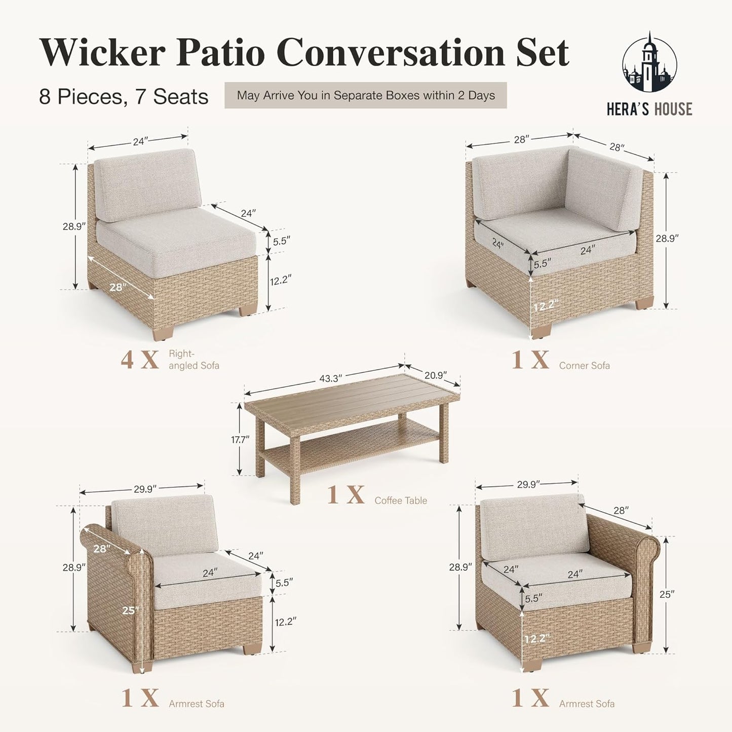HERA'S HOUSE Patio Furniture Set, All Weather 7 Seats Outdoor Sectional Wicker Sofa with 44" Coffee Table, 5.5" Thick Waterproof Cushion 8 Piece Modular Conversation Set for Garden Deck Backyard