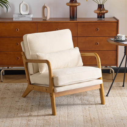 Karl home Accent Chair Mid-Century Modern Chair with Pillow Linen Fabric Upholstered Lounge Arm Chair with Solid Wood Frame & Soft Cushion for Living Room, Bedroom, Balcony, Beige