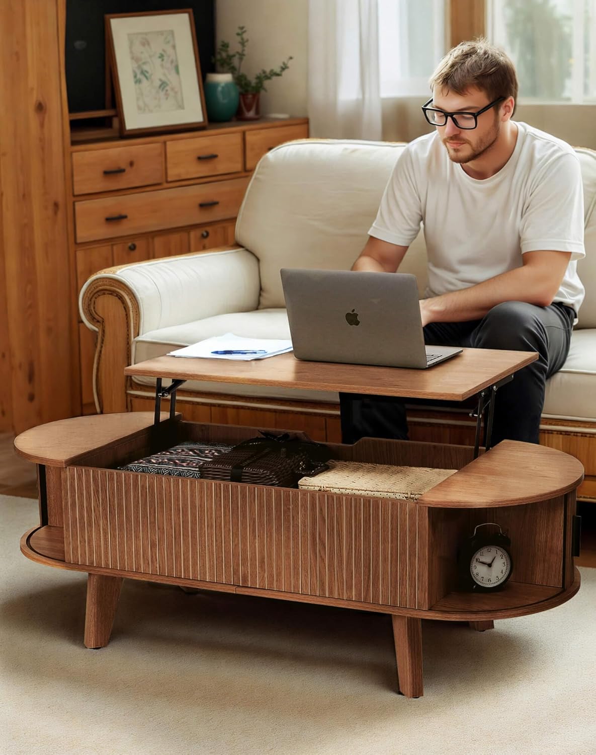 Oval Lift Top Coffee Table with Storage, 47.2" Mid Century Modern Living Room Center Table with 180° Sliding Tambour Door, Wood Fluted Coffee Table for Home Office, Walnut