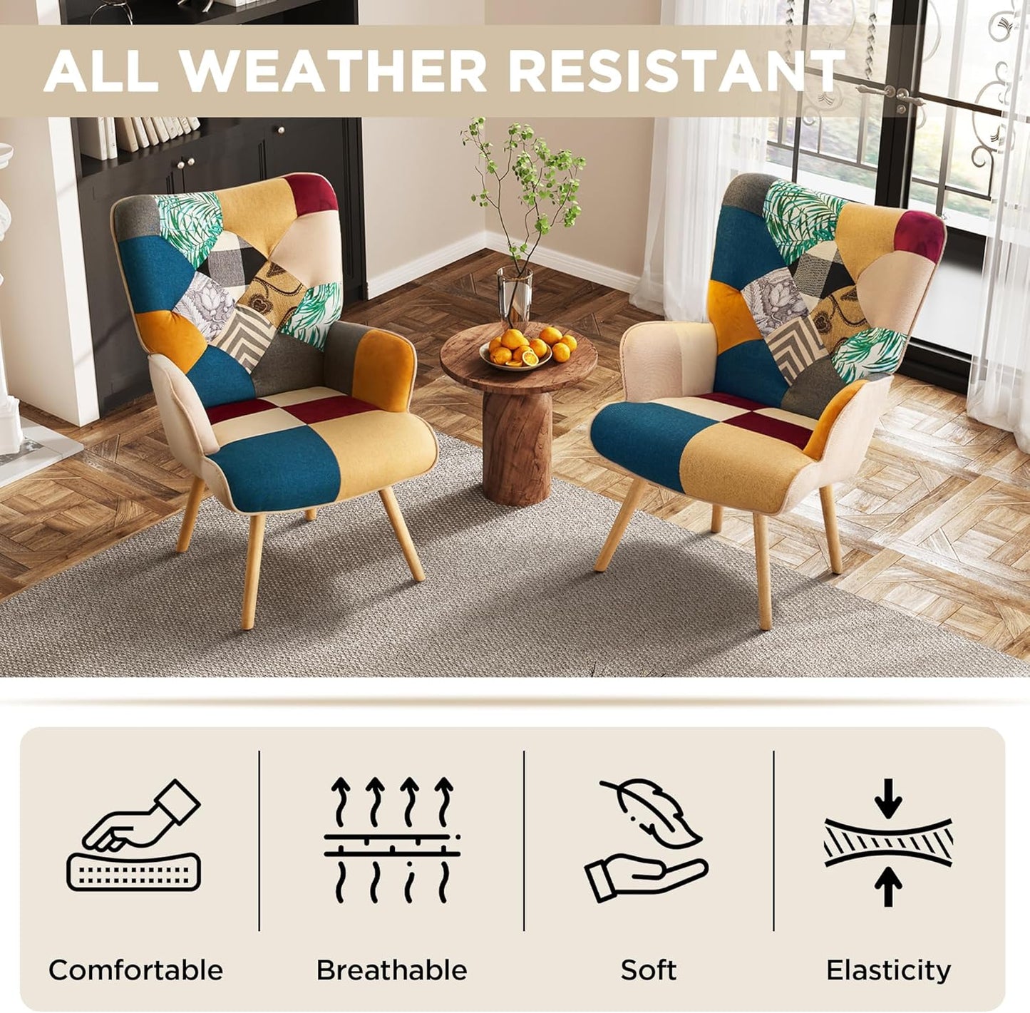 Accent Chair, Living Room Chair, Modern High Back Armchair, Colorful Patchwork Reading Chairs for Bedroom, Lounge Chair with Linen Fabric Shell and Solid Wood Feets (1, Colorful)