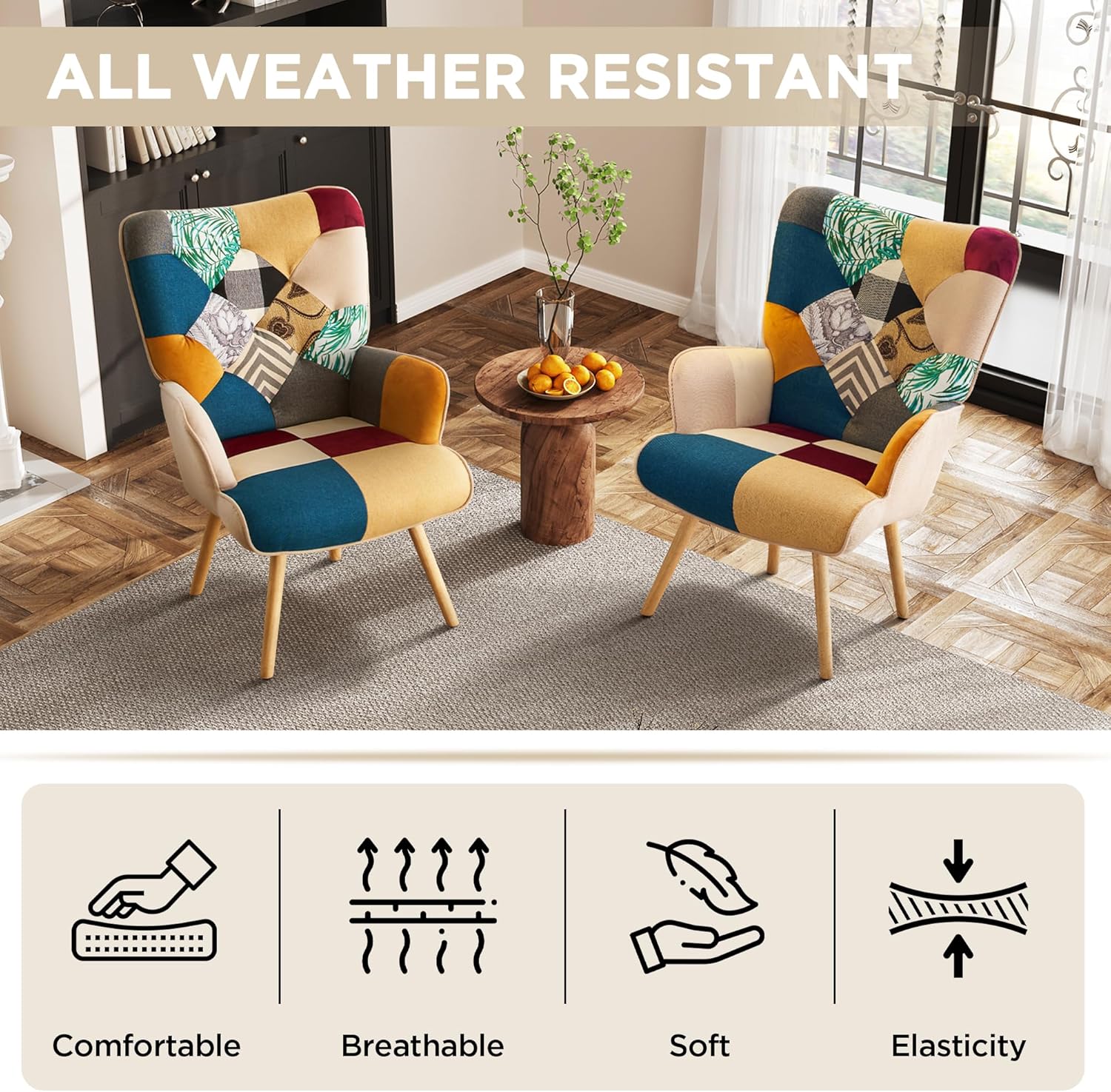 Accent Chair, Living Room Chair, Modern High Back Armchair, Colorful Patchwork Reading Chairs for Bedroom, Lounge Chair with Linen Fabric Shell and Solid Wood Feets (1, Colorful)