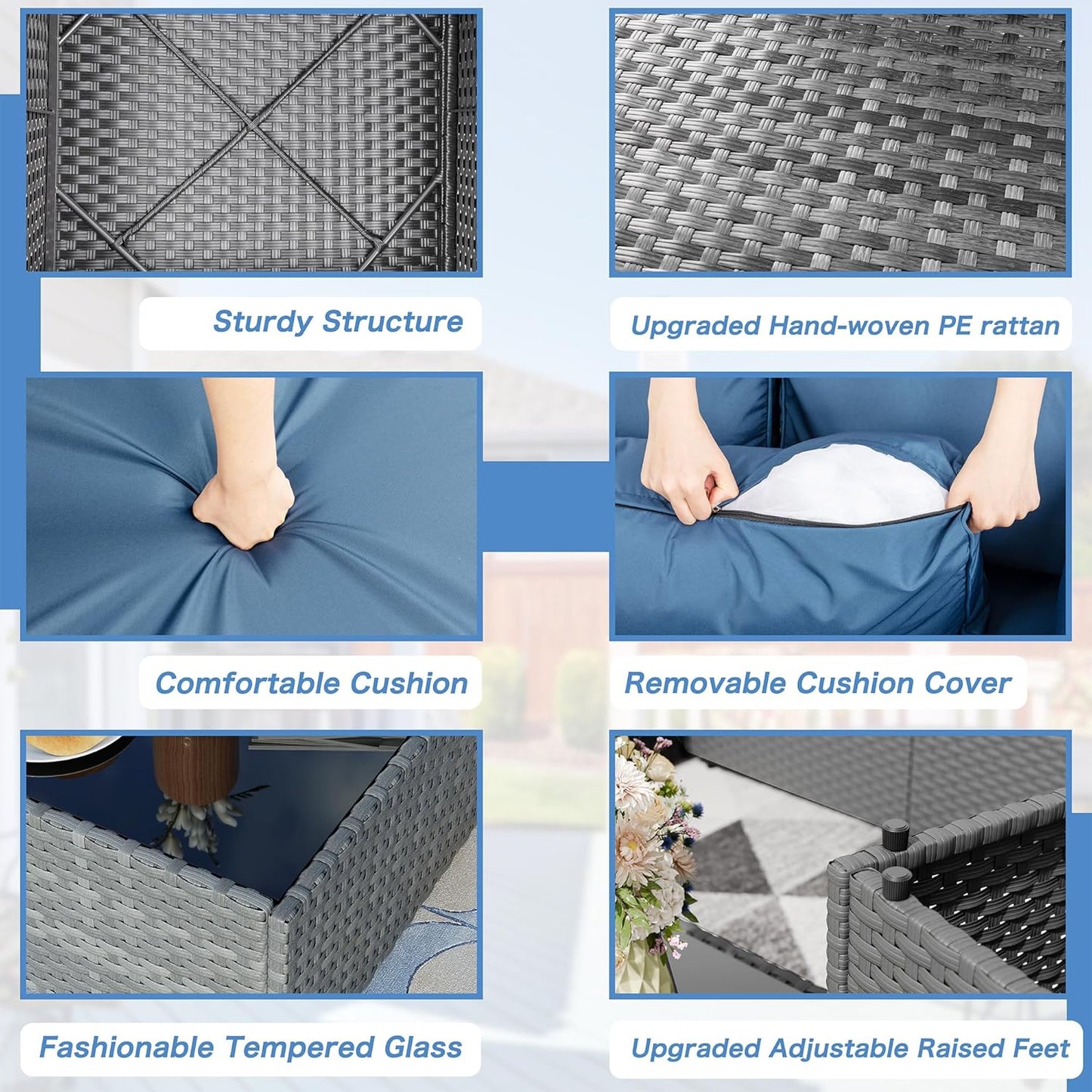 Shintenchi 5 Pieces Outdoor Patio Furniture Sets, Patio Sectional Sofa Couch, Gray PE Wicker Furniture Modular Patio Conversation Sets Patio Sofa with Washable Cushions & Table（Aegean Blue）