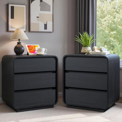 Walnut Curved Nightstand Set of 2, 23.2" Wide Wood Bedside Table with Charging Station, 3 Storage Drawers Night Stand, Large End Table for Bedroom, Living Room, Sofa