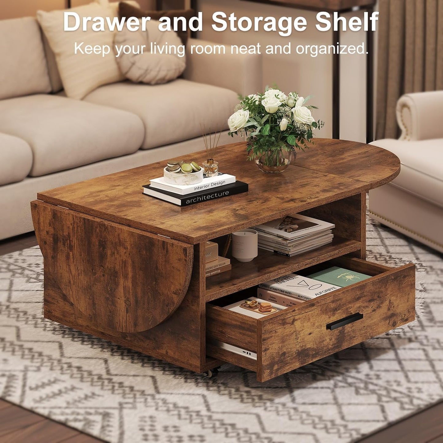 IBF Coffee Table with Storage, Wood Oval Living Room Table with Drawer, Multifunctional Rustic Foldable Center Table, Extendable Tea Table with Wheels for Home Bedroom Office, Rustic Brown, 47 in