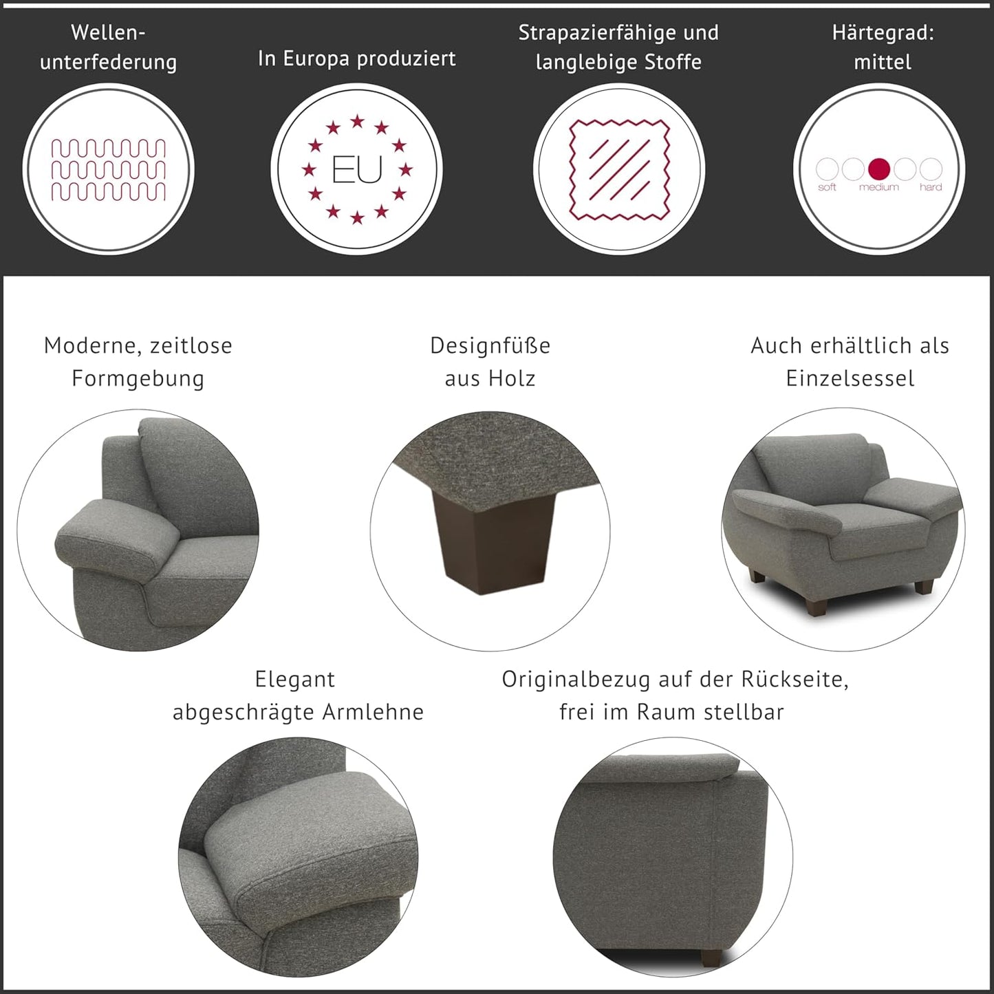 DOMO. collection Panama 3 Seater Sofa 3-Seater Couch Set 3-2-1 Taupe 207 cm