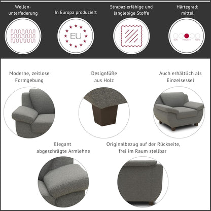 DOMO. collection Panama 3 Seater Sofa 3-Seater Couch Set 3-2-1 Taupe 207 cm