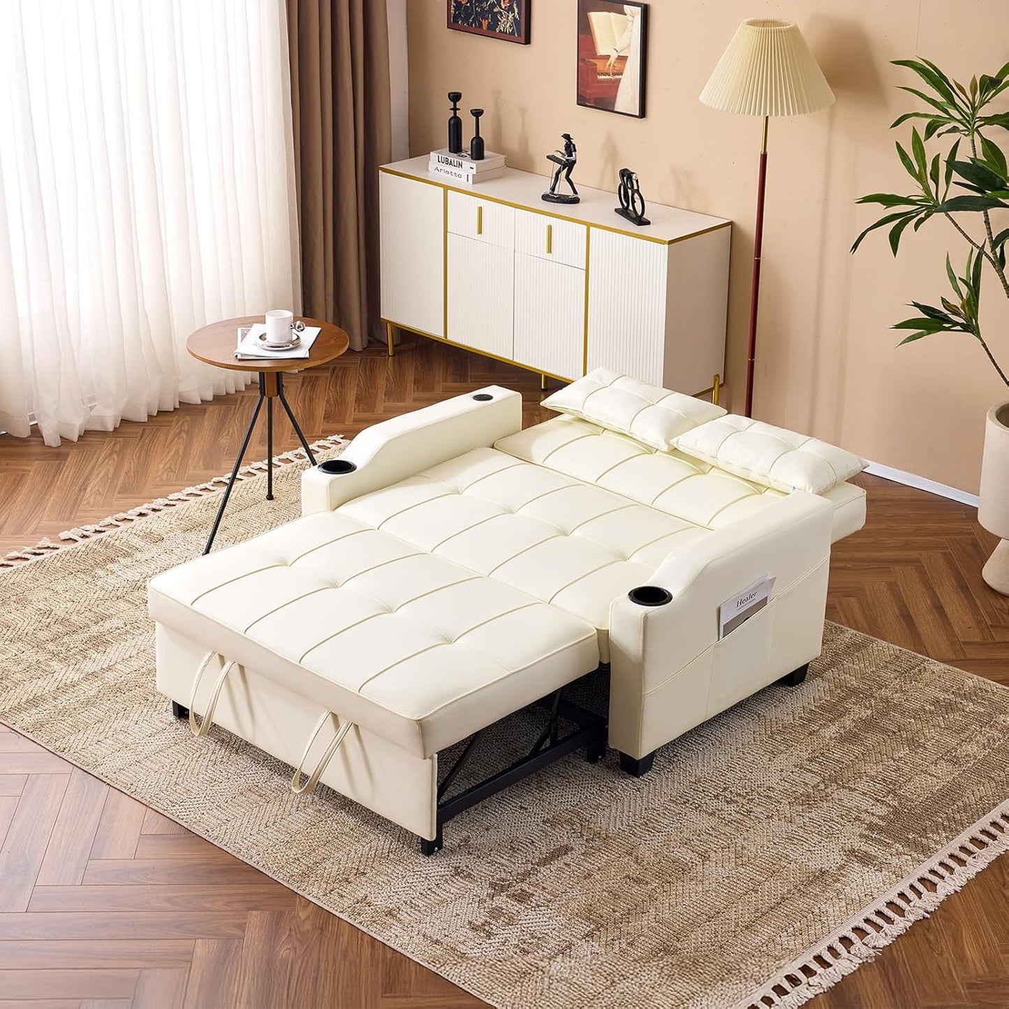 VINGLI Beige Loveseat Sleeper Sofa, Convertible Futon Sofa Bed Faux Leather Pullout Couch Bed with USB Ports, Cup Holders, Armrest for Living Room, Bedroom, Home Office Apartment