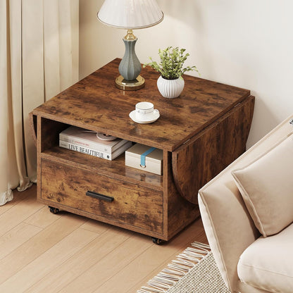 IBF Coffee Table with Storage, Wood Oval Living Room Table with Drawer, Multifunctional Rustic Foldable Center Table, Extendable Tea Table with Wheels for Home Bedroom Office, Rustic Brown, 47 in