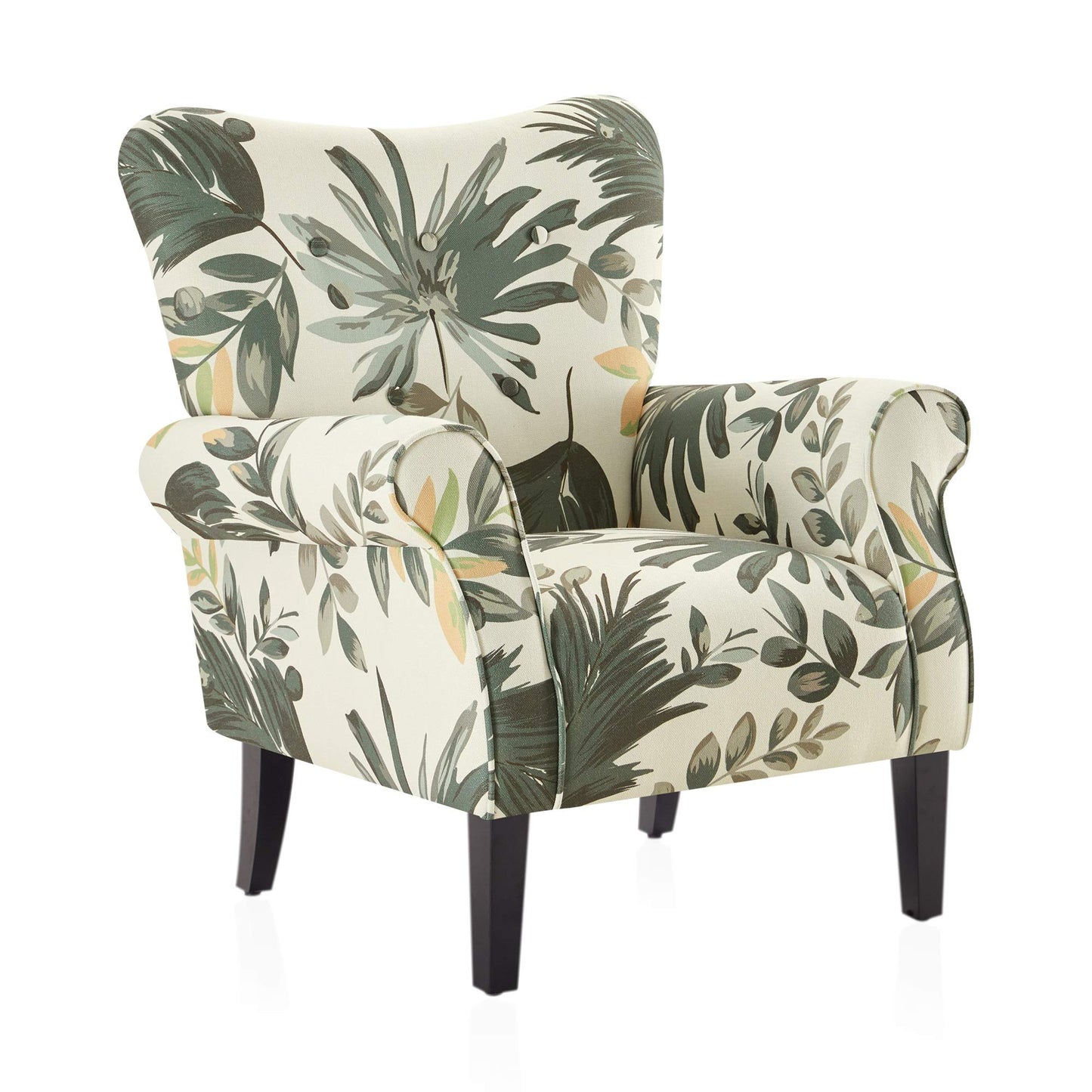 BELLEZE Modern Accent Chair, High Back Armchair, Upholstered Wingback Side Chair, Padded Single Sofa with Wooden Legs for Living Room, Bedroom - Green Blue Floral
