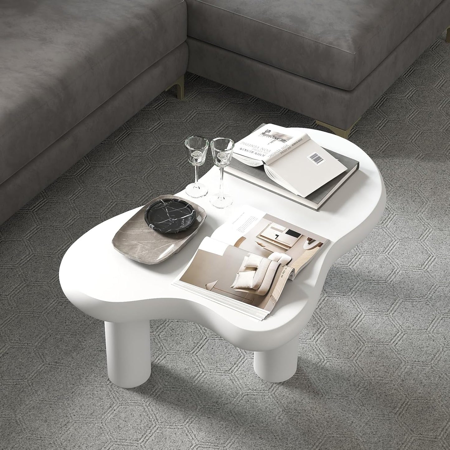 HollyHOME Cloud Coffee Table, Unique Design Accent Table for Living Room and Bedroom, Stylish and Functional Furniture Piece-Durable and Easy to Clean, Free Shape with 3 Legs, 33.9in, Cream White