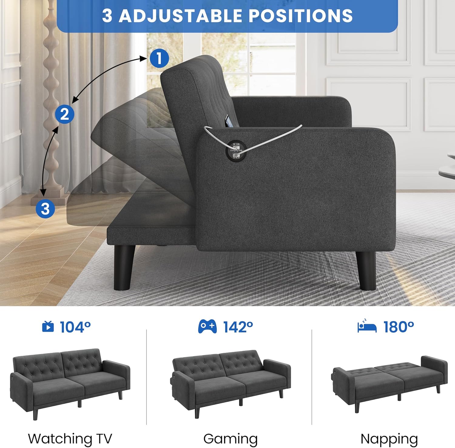 Yaheetech 63" Convertible Couch Small Futon Sofa Bed with 2 USB Ports, Reclining Backrest & Removable Armrests, Mid Century Modern Loveseat for Living Room, Apartment, Office, Dark Gray